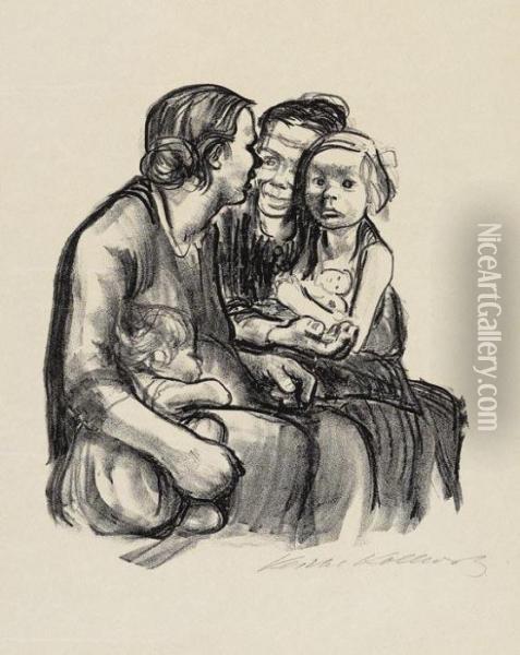 Zwei Schwatzende Frauen Mit Zwei Kindern (endgultige Fassung) Oil Painting - Kathe Kollwitz