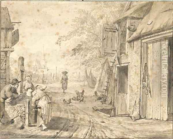 A village street with three peasants by a well, a church beyond Oil Painting - Johannes Huibert Prins