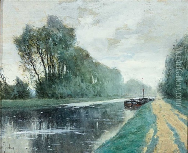 Chemin De Lalage. Ansicht Eines Kanals Mit Ankerndem Schiff, Begleitet Von Einer Baumallee Oil Painting - Henri Jourdain