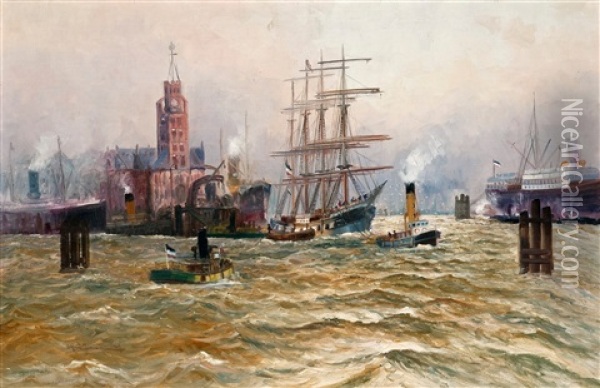 Harbour Of Hamburg Oil Painting - Alfred Serenius Jensen