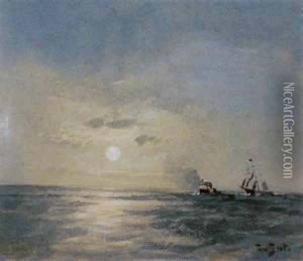 Moonlight With Two Fishing Boats Oil Painting - Tom Scott