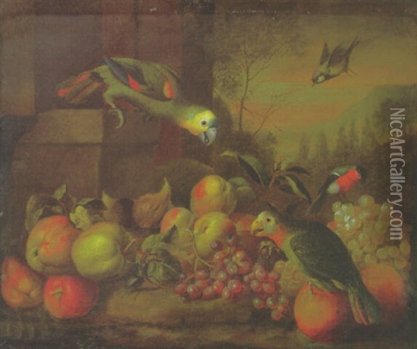 Parrots, A Bullfinch, Apples, Grapes And Oranges And A Greenfinch In A Landscape Oil Painting - Jakob Bogdani