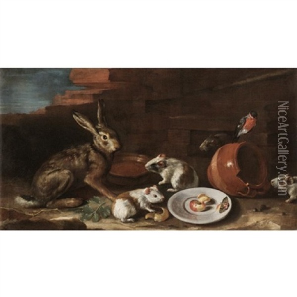 A Farmyard Scene With A Still Life Of A Rabbit, Guinea Pigs, Apple-peel And A Butterfly On A Plate, Together With A Terracotta Jug And Bowl Oil Painting - Giovanni Agostino (Abate) Cassana
