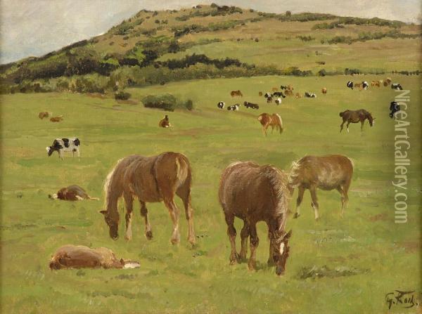 Weidelandschaft Mit Pferden. Oil Painting - Georg Koch
