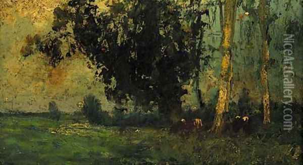 Cattle grazing near some trees in a meadow Oil Painting - George Boyle