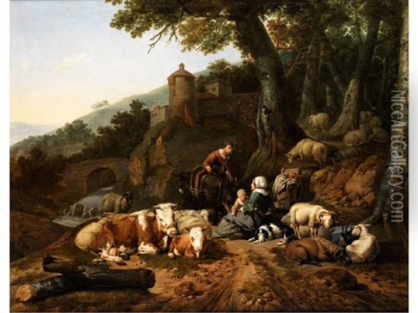 Hirtenfamilie Und Herde Bei Der Rast Oil Painting - Johann Heinrich Roos