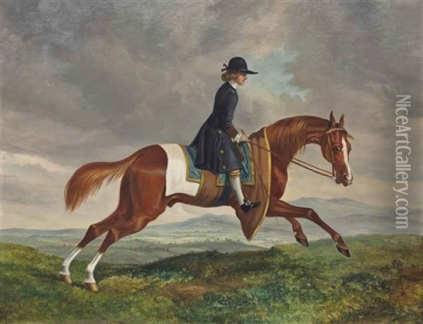 A Chestnut Racehorse With Groom Up Oil Painting - James Seymour