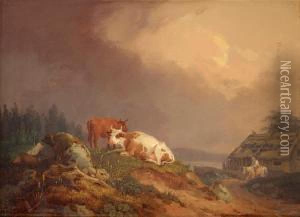 Landscape With Resting Cows Oil Painting - Per Wickenberg