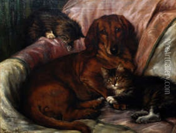A Portrait Of A Dog And Two Cats Oil Painting - Fannie Moody