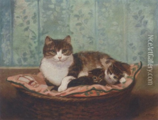 A Cat And Her Kittens At Ease In A Basket Oil Painting - Alexandre Clarys