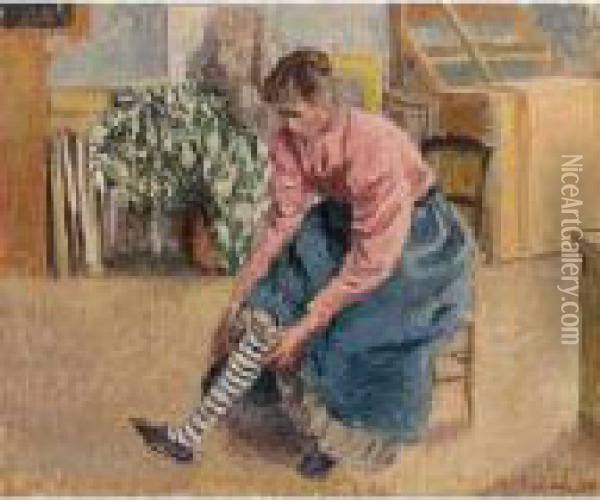 Femme Tirant Son Bas Oil Painting - Camille Pissarro