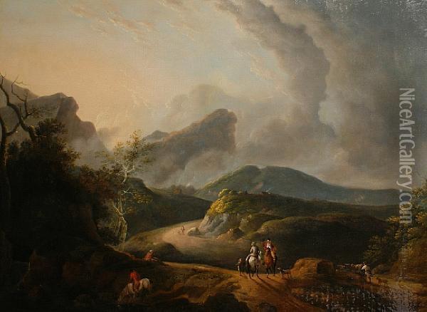 Travellers In A Highland Landscape Oil Painting - Julius Caesar Ibbetson