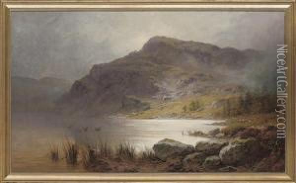 Ducks Flying Over A Loch Oil Painting - Charles Stuard
