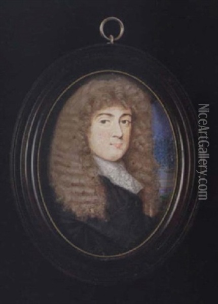 Jasper Churchill Wearing Full-bottomed Wig, Black Robes And White Lace Jabot Oil Painting - Thomas Flatman