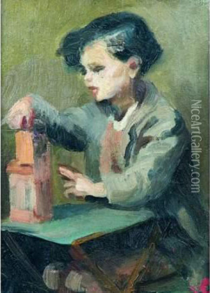 Enfant Au Jeu De Cubes. Oil Painting - France Leplat