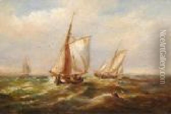 Fishing Boats On Blustery Seas Oil Painting - John Moore Of Ipswich