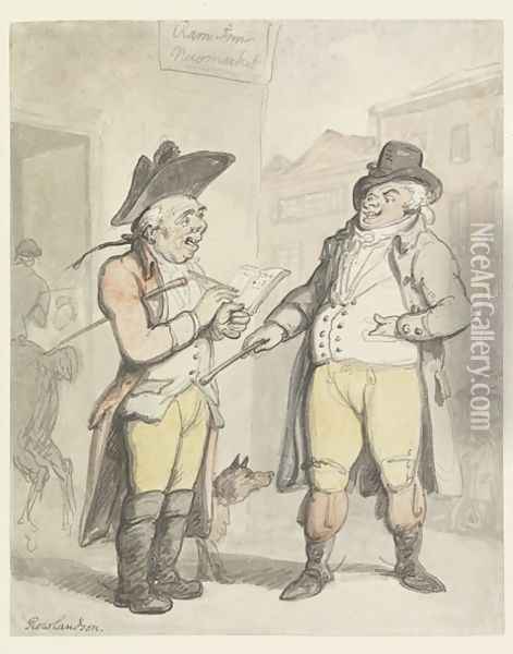 A Bookmaker and his client outside the Ram Inn, Newmarket Oil Painting - Thomas Rowlandson