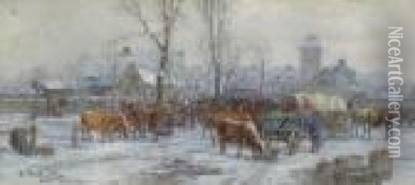 Viehmarkt Im Winter. Oil Painting - Karl Stuhlmuller