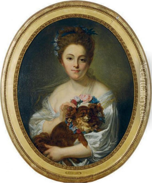Portrait Of A Girl With Her Spaniel Wearing A Flowered Wreath Oil Painting - Jean Baptiste Greuze