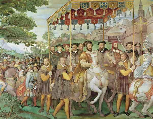 The Solemn Entrance of Emperor Charles V (1500-58), Francis I (1494-1547) and Alessandro Farnese (1546-92) to Paris in 1540, from the Sala dei Fasti Farnese, 1557-66 (detail) Oil Painting - Taddeo Zuccaro