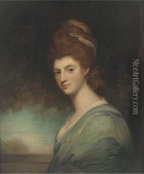 Portrait Of A Lady, Bust-length, In A Turquoise Dress Oil Painting - George Romney
