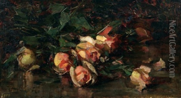 Still Life With Roses Oil Painting - Mary Augusta Hiester Reid