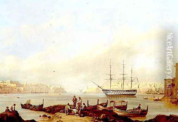 H.M.S. Brunswick at Anchor in Grand Harbour, Valletta, Malta Oil Painting - John or Giovanni Schranz