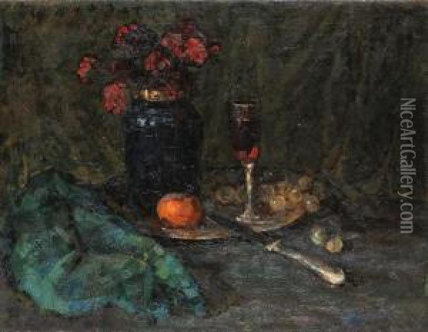 Still-life With Orange And Wine-glass Oil Painting - Ilya Ivanovich Mashkov