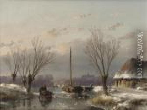 A Sunny Day In Winter Oil Painting - Andreas Schelfhout