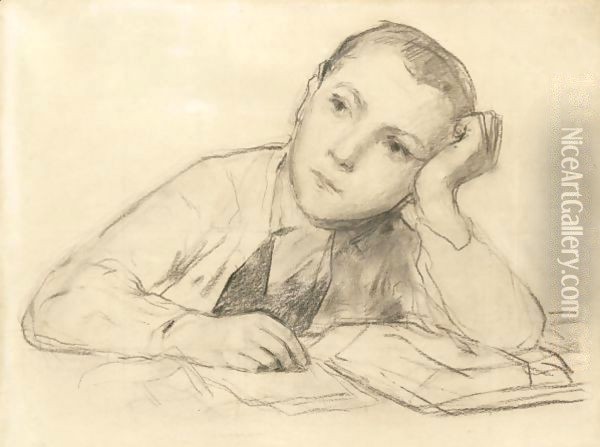 Study For 'Writting Boy' Oil Painting - Albert Anker