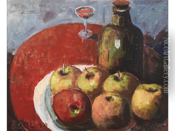 Apples, Wine And Red Table Cloth Oil Painting - Selden Connor Gile