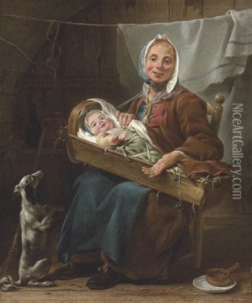Une Savoyarde, A Mother And Child With A Dog In An Interior Oil Painting - Noel Halle