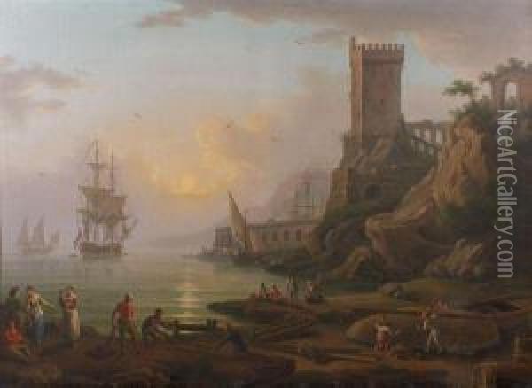 < Scene De Port Mediterraneen >. Oil Painting - Philippe Rey