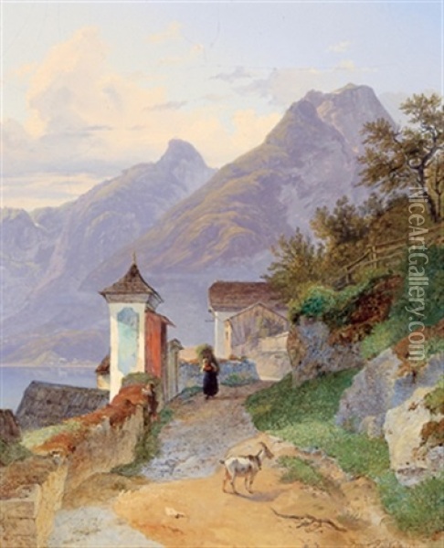 Idylle Am Mondsee, Im Hintergrund Die Drachenwand Oil Painting - Franz Reinhold