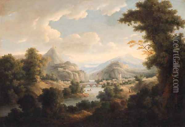 An extensive river landscape with a town by a bridge Oil Painting - Johann Christian Vollerdt or Vollaert