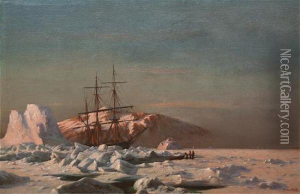 The Steamer Panther Among Icebergs At Sunset Oil Painting - William Bradford
