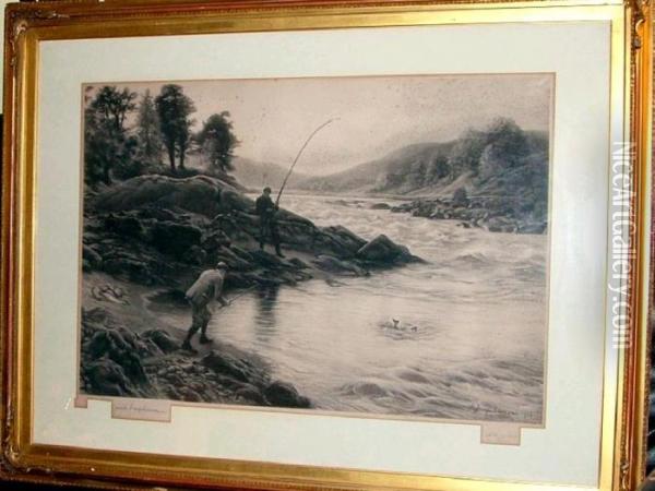 Salmon Coming To The Gaff In River Scene White Board Mount And Heavy Oil Painting - Joseph Farquharson