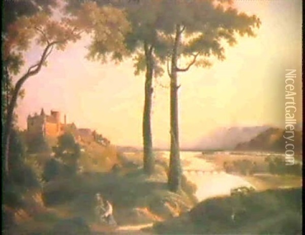 Breites Flusstal Mit Schloss Und Schneebergen Oil Painting - Francisque Jean Schaeffer-Berger