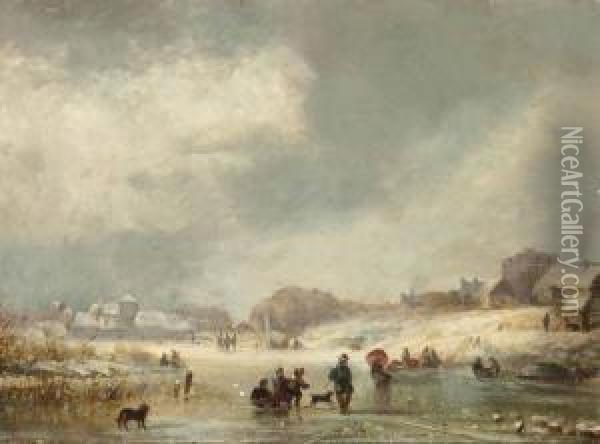 Fun On A Frozen Waterway Oil Painting - Andreas Schelfhout