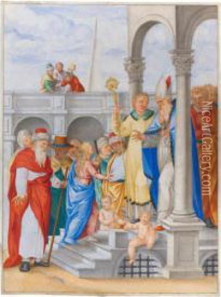The Presentation Of The Virgin Oil Painting - Giovanni B. (Il Genvovese) Castello