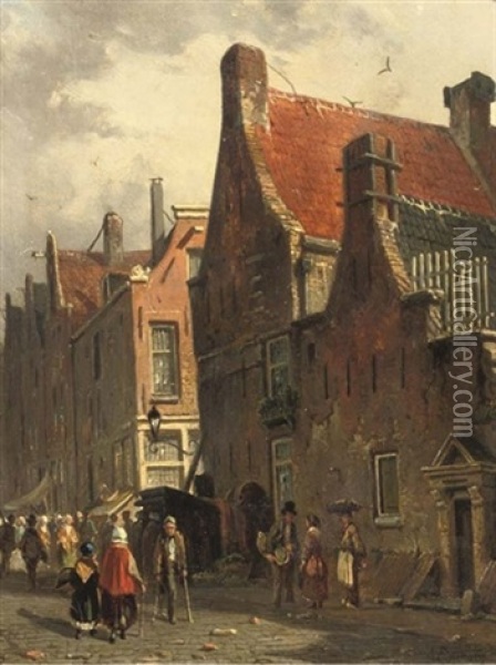 Townsfolk In A Busy Street Oil Painting - Adrianus Eversen
