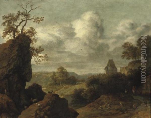 A Rocky Landscape With Figures On A Track, A Castle Beyond Oil Painting - Allart Van Everdingen