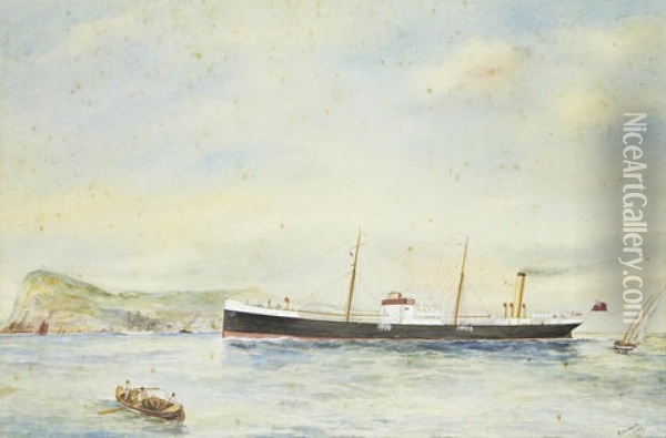Two Ship Portraits: An Unidentified Coaster At Sea (+ The Coaster Unio In The Mediterranean, 1920, Watercolor, Smllr; 2 Works) Oil Painting - Reuben Chappell