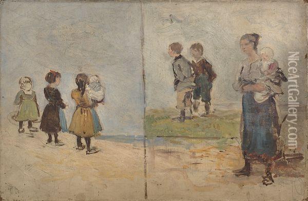 Enfants Au Bord De La Plage, Une Mere Et Son Enfant. Oil Painting - Edmond Marie Petitjean