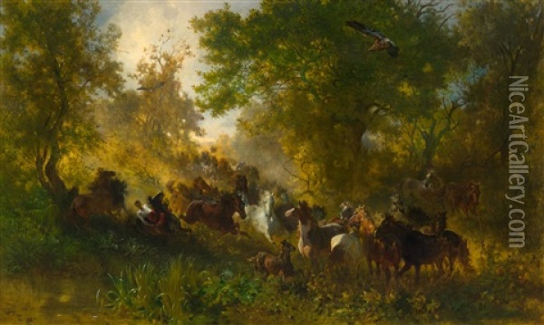Herd Of Horses Galloping Oil Painting - Franz Adam