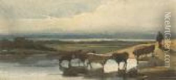 Cattle Watering Oil Painting - George Chinnery