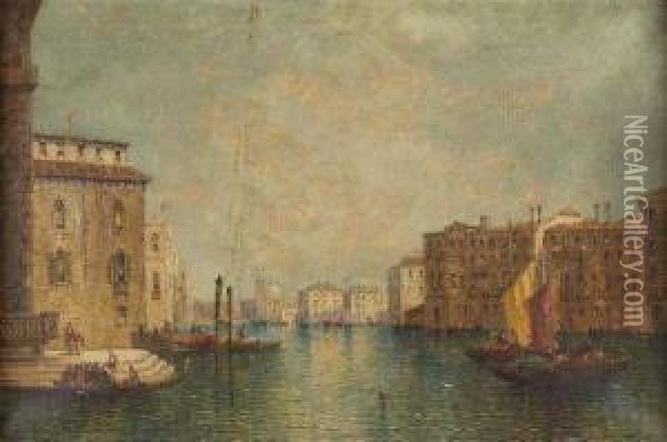 A Busy Venetian Canal Scene Oil Painting - William Meadows