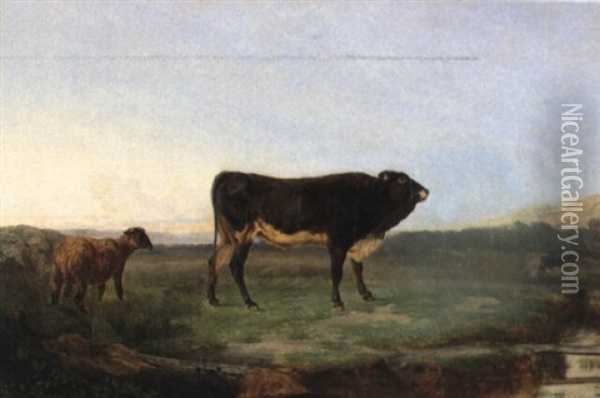 Stier Und Schaf Auf Der Weide Oil Painting - Charles (Jean-Ch. Ferdinand) Humbert