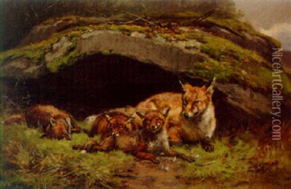 A Vixen And Cubs By Their Den Oil Painting - Jules Bertrand Gelibert