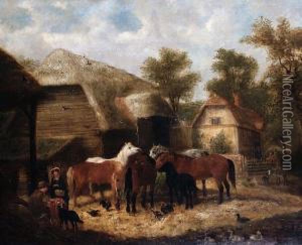 Horses At A Trough; Horses At Rest, Apair Oil Painting - Charles Waller Shayer